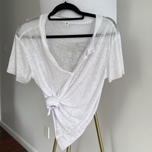 White sheer v-neck shirt, BO Nordstrom’s, can tie the bottom into a cute knot!